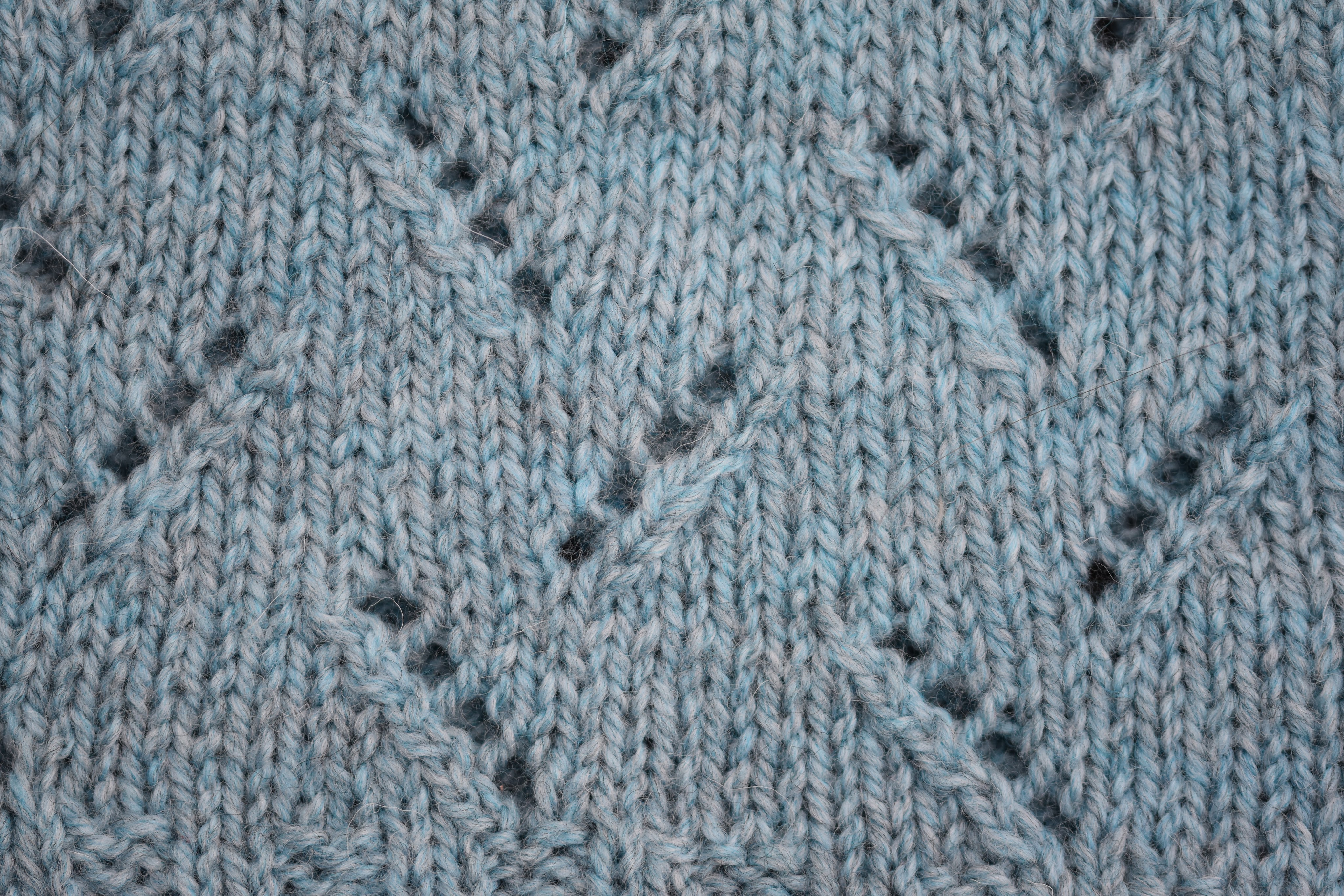 Close up of light blue yearn with left and right leaning yarn over lace pattern.